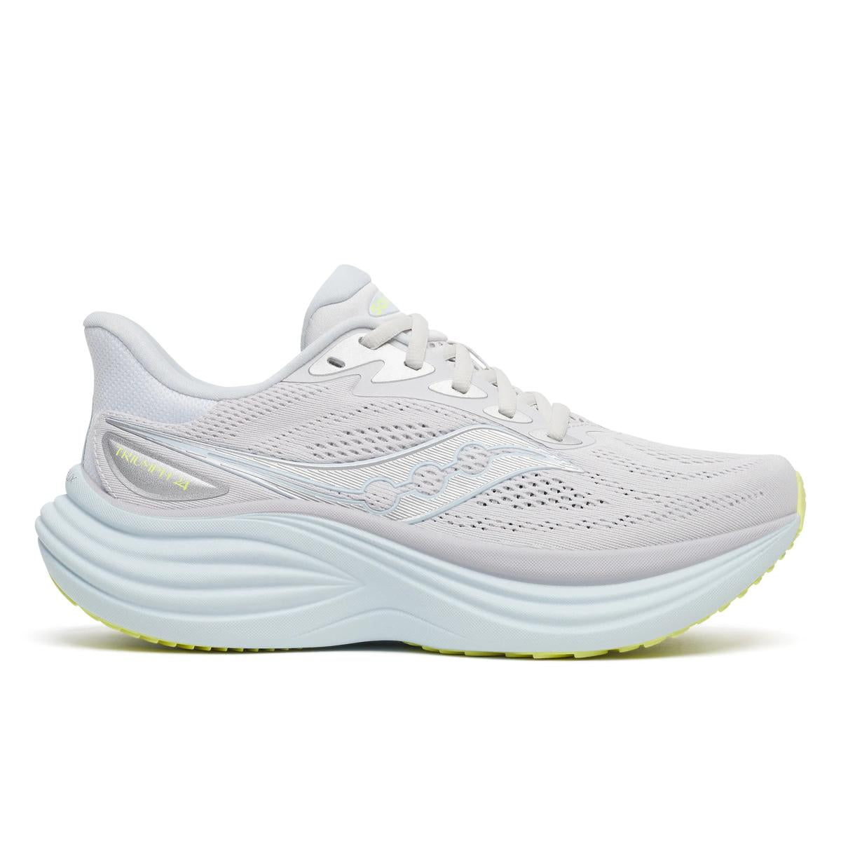 Side view on white background of Womens Saucony Triumph 24 running shoe in Fog/Ice Melt, Wide width