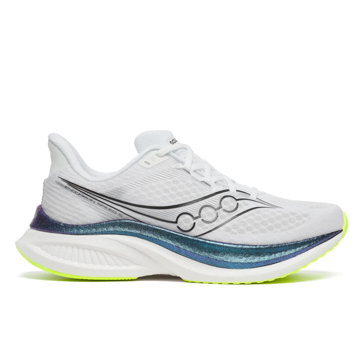 Side view on white background of Womens Saucony Endorphin Speed 5 running shoe in White/Night Sky, Medium (Regular) width