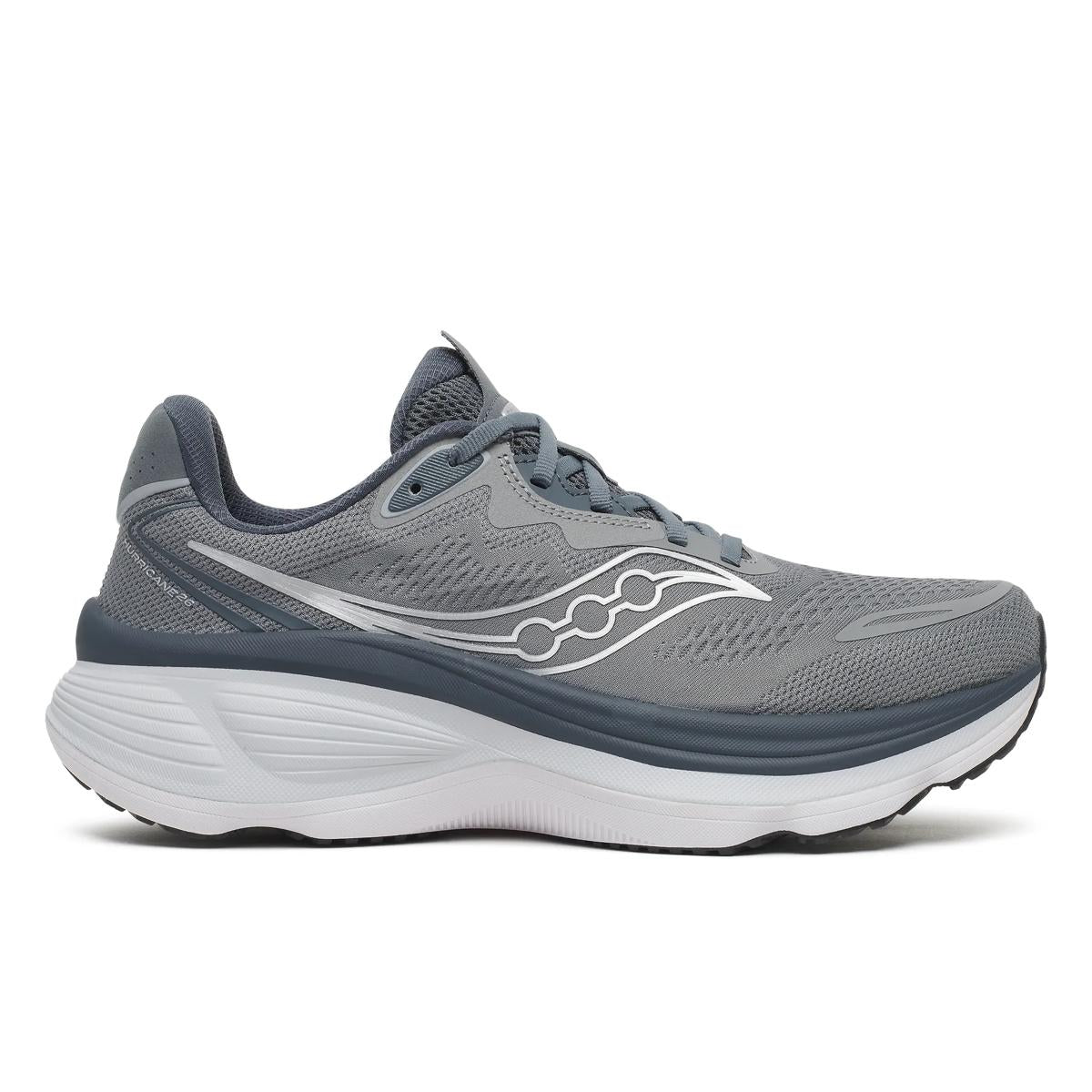 Side view on white background of Mens Saucony Hurricane 26 running shoe in Cinder/Gunmetal, Wide width