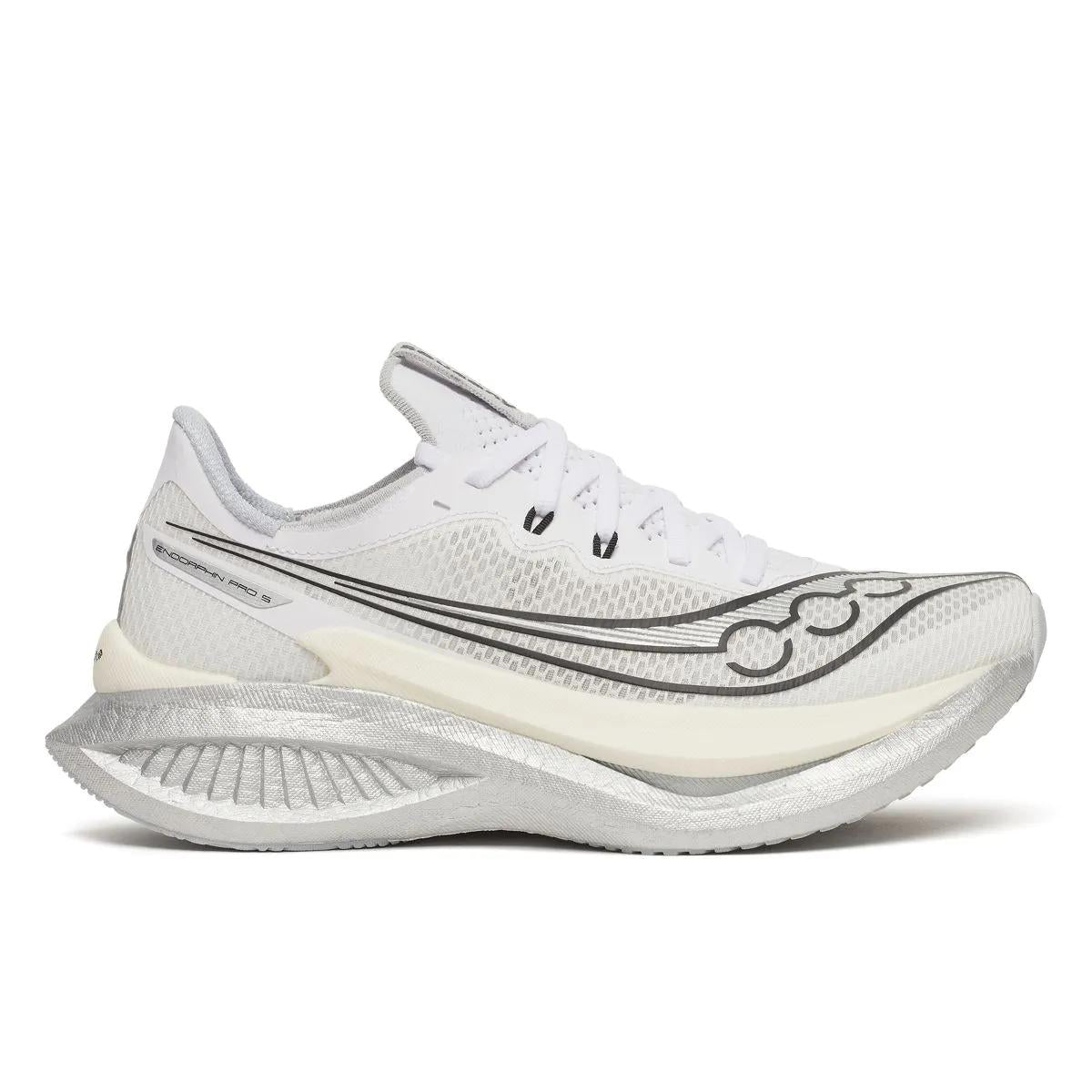 Side view on white background of Womens Saucony Endorphin Pro 5 running shoe in White/Black, Medium (Regular) width