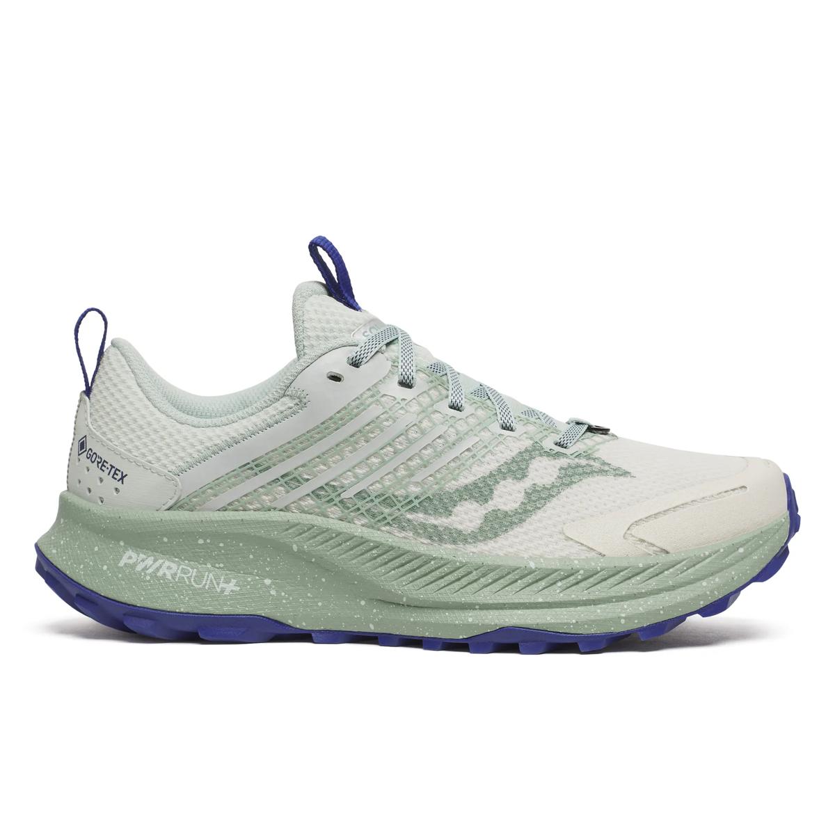 Side view on white background of Womens Saucony Ride TR2 GTX running shoe in Quartz/Mist, Medium (Regular) width