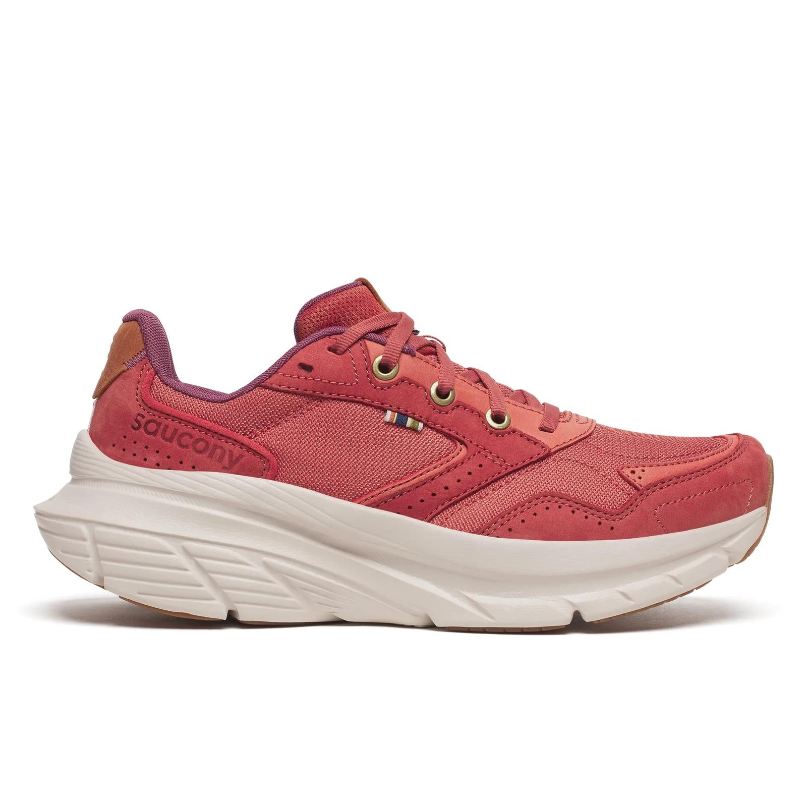 Side view on white background of Womens Saucony Guide Metro running shoe in Brick, Medium (Regular) width