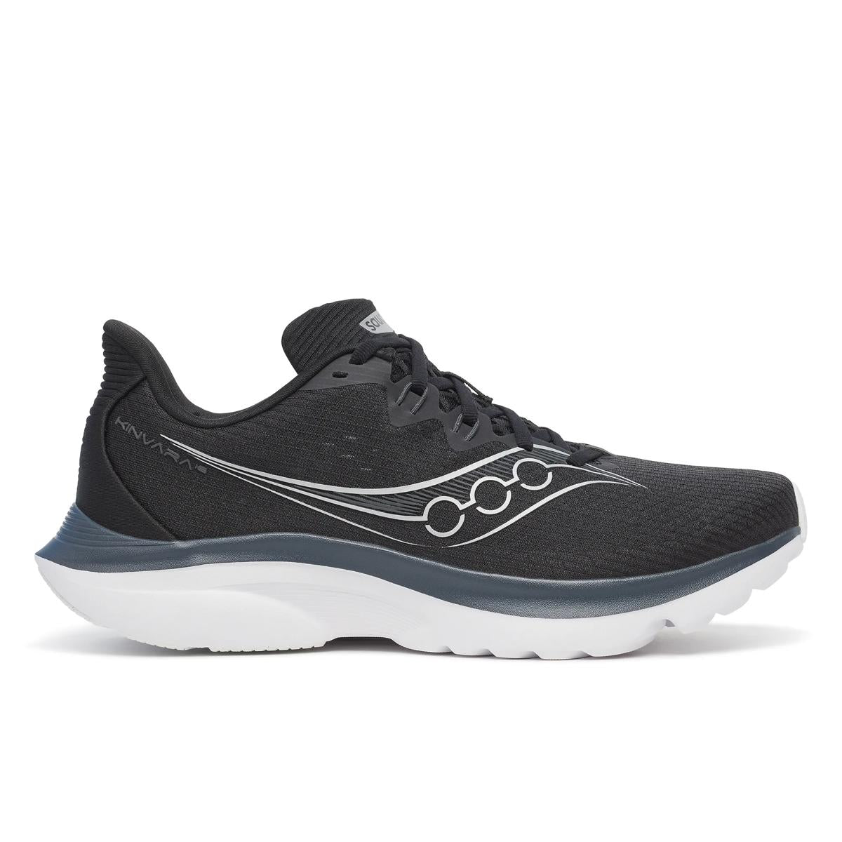Side view on white background of Mens Saucony Kinvara 16 running shoe in Black/White, Medium (Regular) width