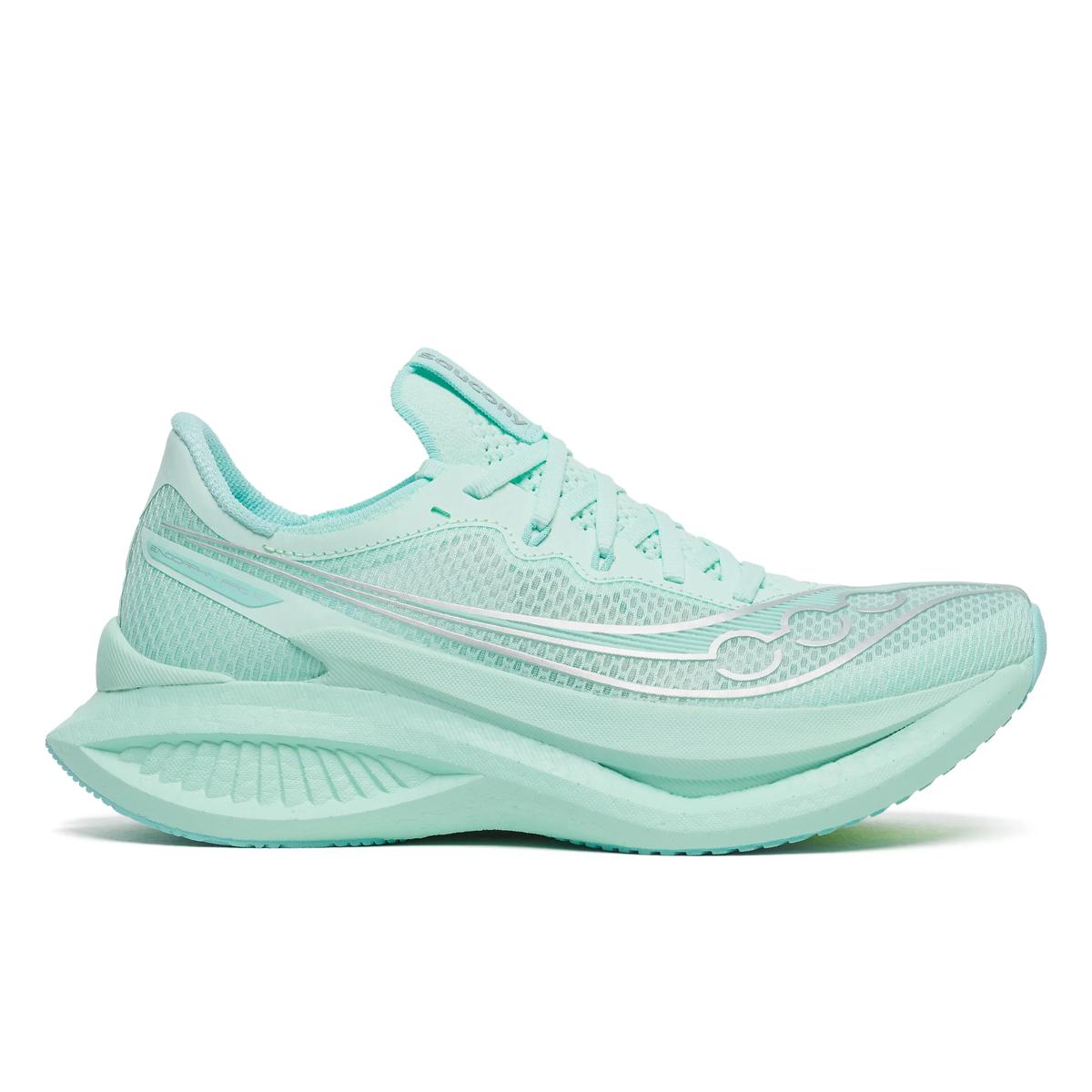 Side view on white background of Womens Saucony Endorphin Pro 5 running shoe in Aqua, Medium (Regular) width