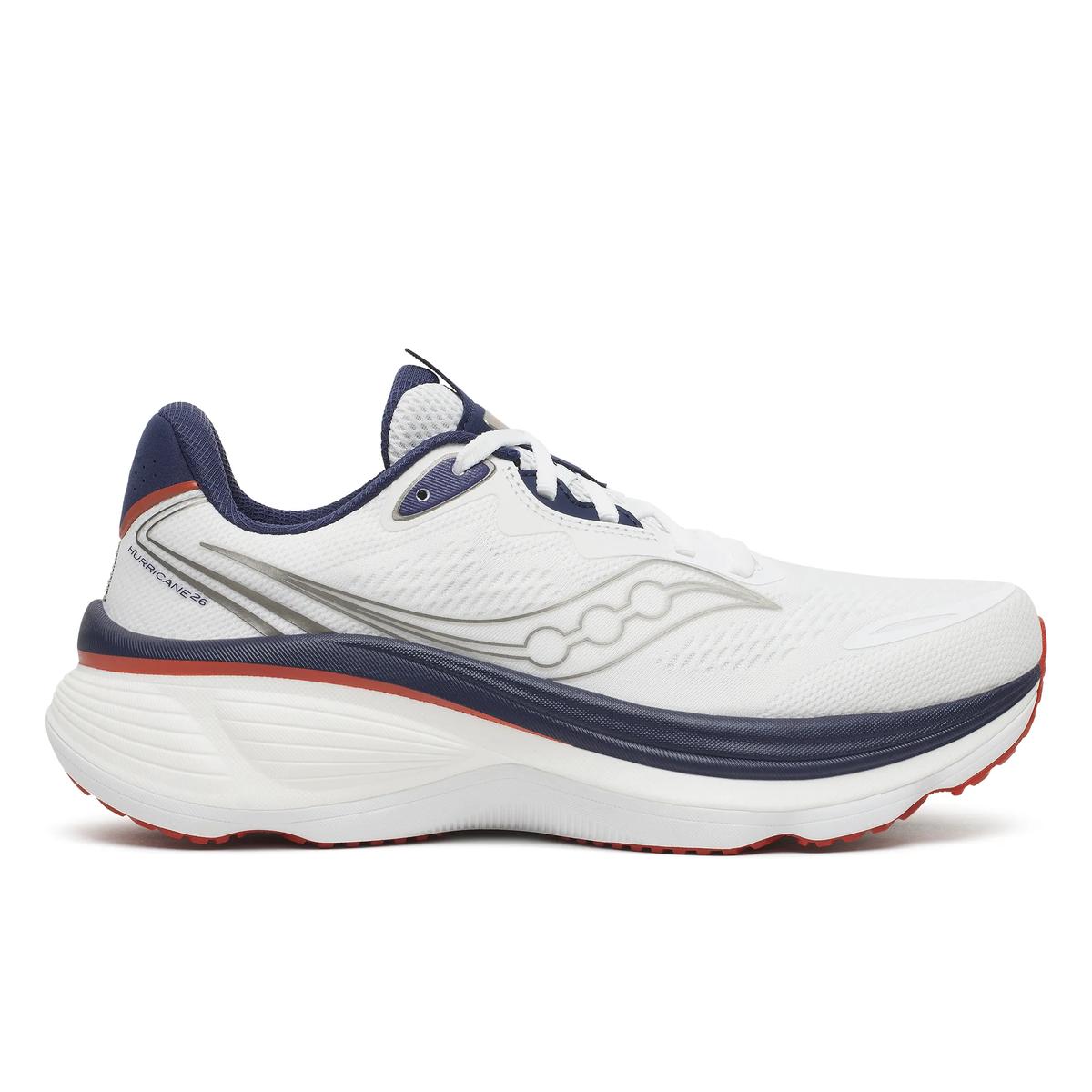 Side view on white background of Mens Saucony Hurricane 26 running shoe in White/Naval, Medium (Regular) width
