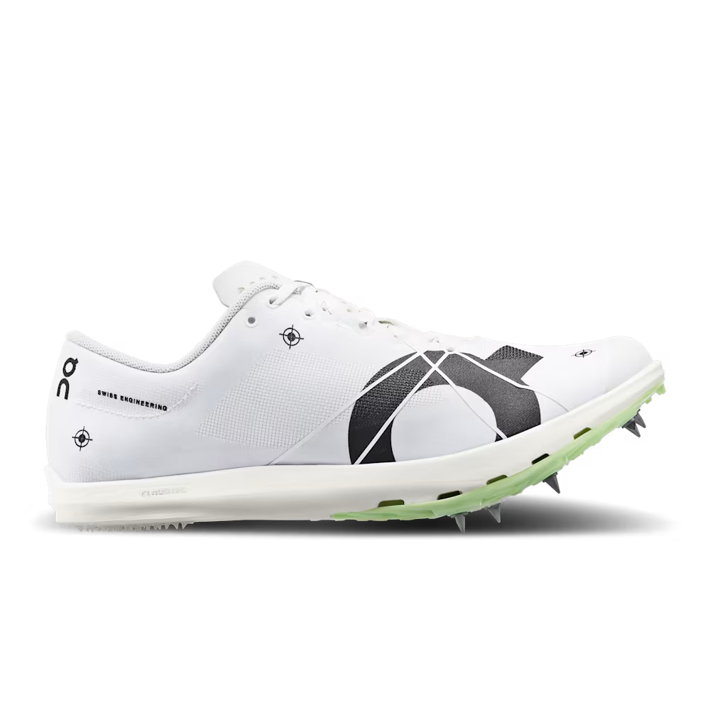 Side view on white background of Womens On Cloudspike 1500m 2 running shoe in Undyed-White/Mint, Medium (Regular) width