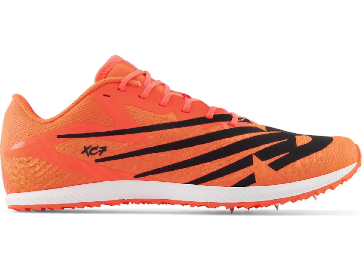 Side view on white background of Mens New Balance XC Seven v4 running shoe in Neon Dragonfly/Poppy, Medium (Regular) width