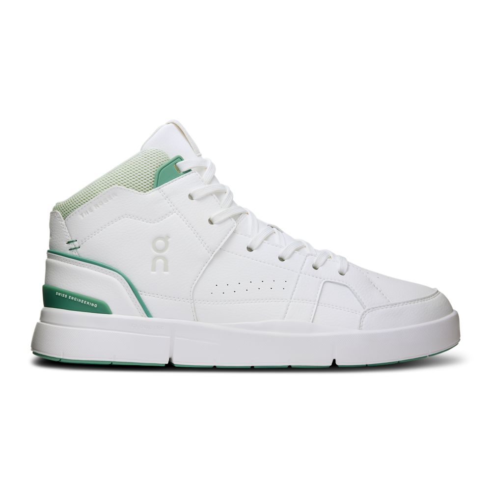 Side view on white background of Mens On The Roger Clubhouse Mid 2 running shoe in White/Evergreen, Medium (Regular) width