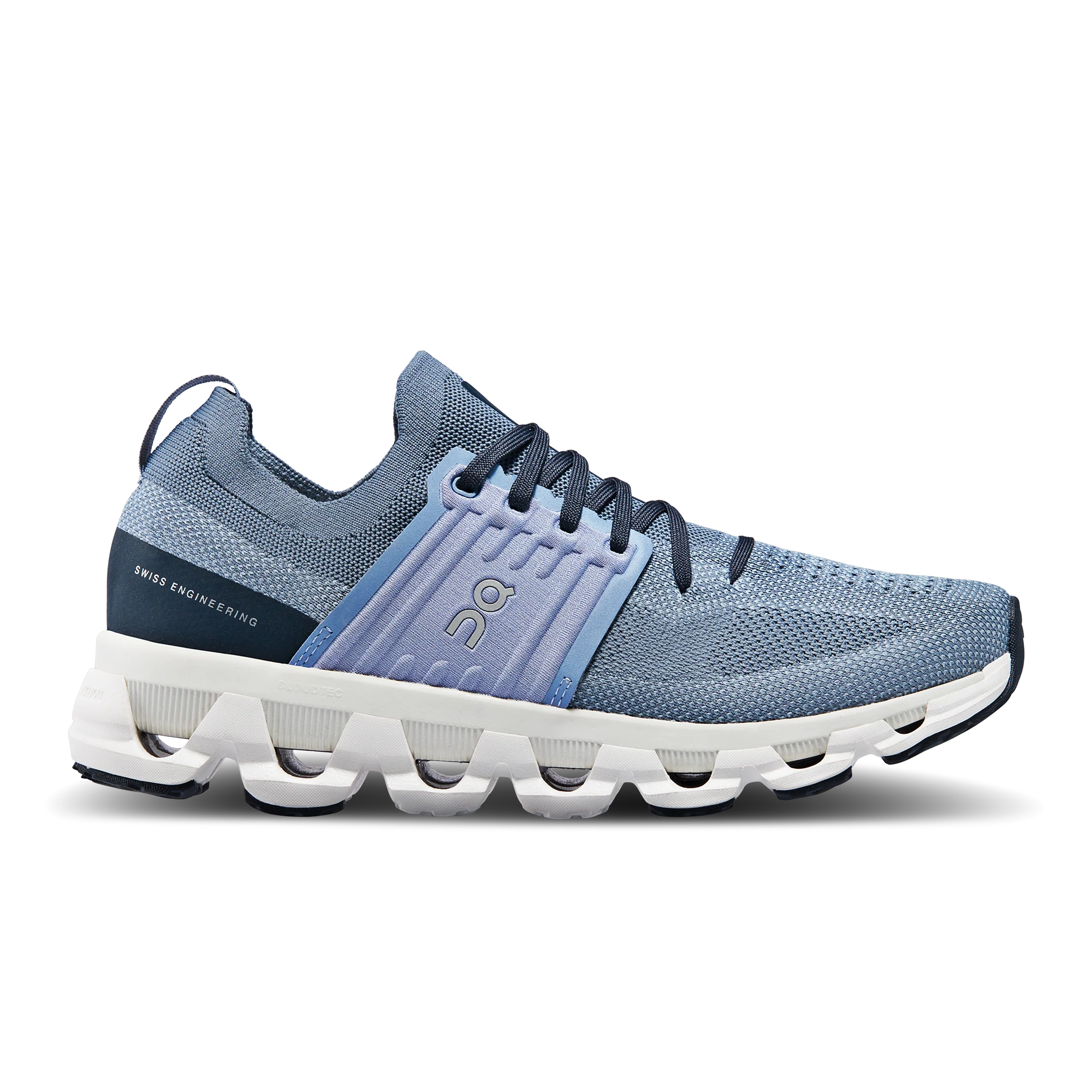 Side view on white background of Womens On Cloudswift 3 running shoe in Metal/White, Medium (Regular) width