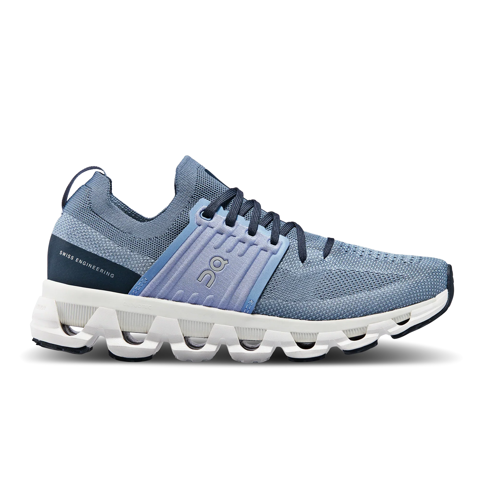 Side view on white background of Womens On Cloudswift 3 running shoe in Metal/White, Medium (Regular) width