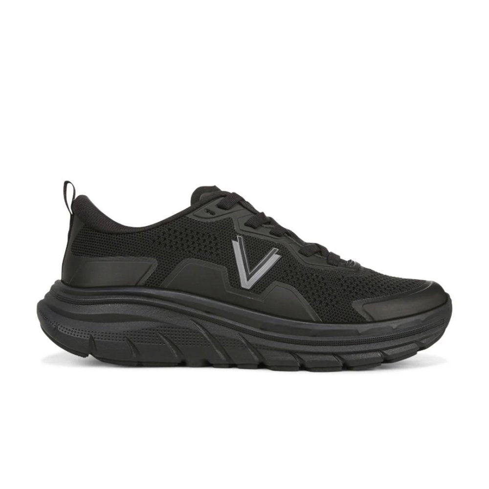 Side view on white background of Womens Vionic Walker Max running shoe in Black, Medium (Regular) width
