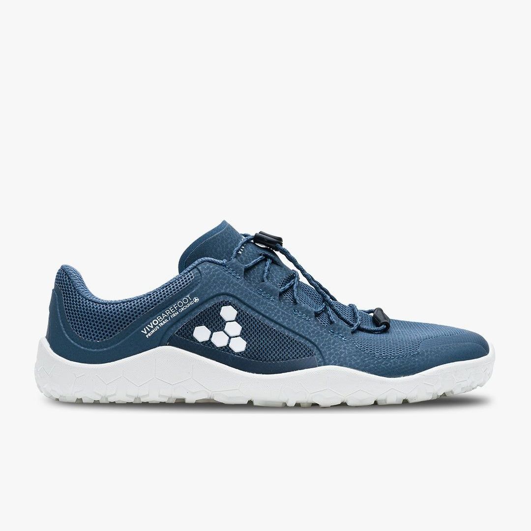 Side view on white background of Mens Vivobarefoot Primus Trail II FG running shoe in Insignia Blue, Medium (Regular) width
