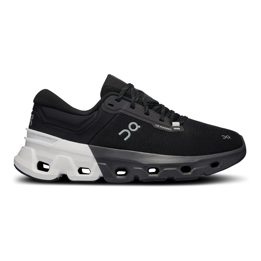 Side view on white background of Mens On Cloudflyer 5 running shoe in Black/White, Medium (Regular) width