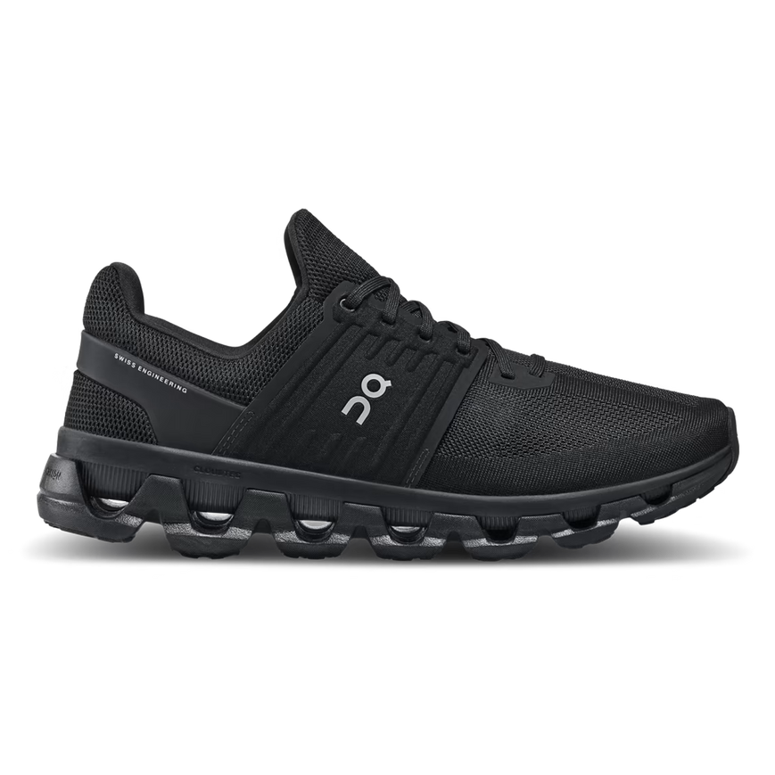 Side view on white background of Womens On Cloudswift 3 AD running shoe in All Black, Medium (Regular) width