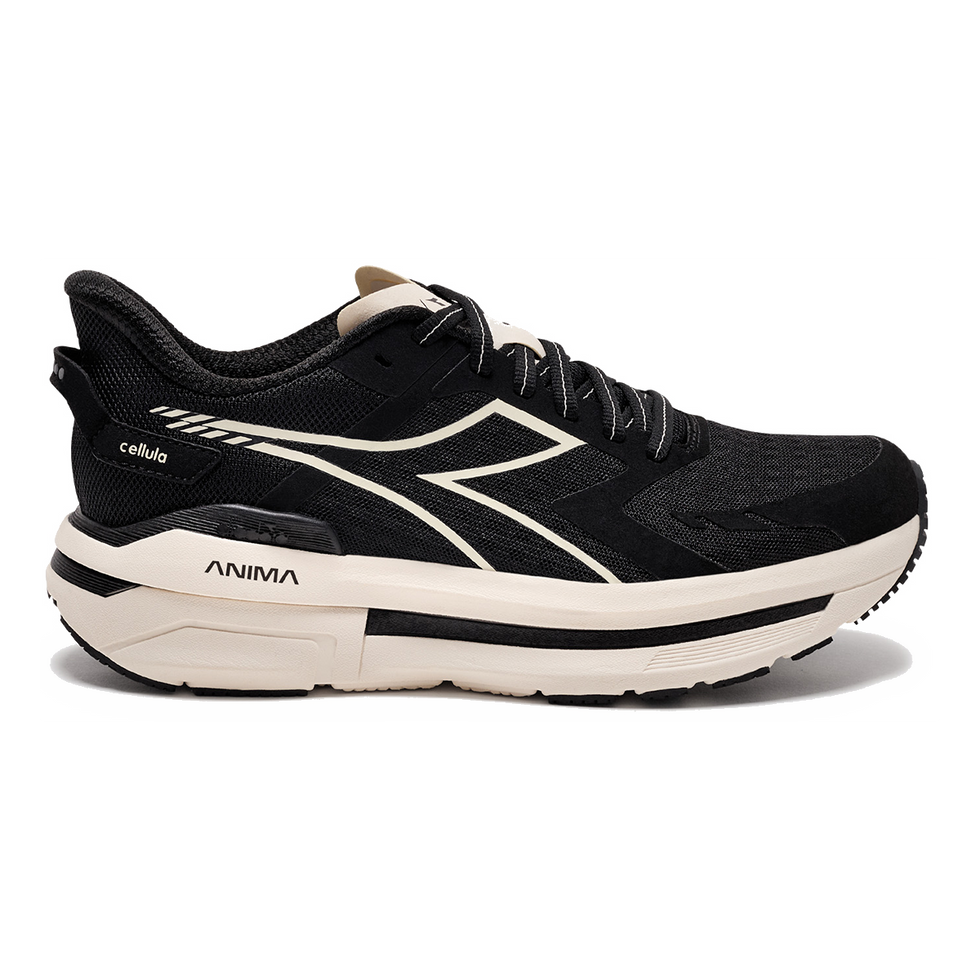 Side view on white background of Womens Diadora Cellula running shoe in Black/Whisper White, Medium (Regular) width