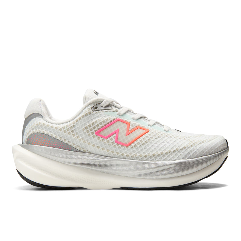 Side view on white background of Womens New Balance Fresh Foam X 1080v15 running shoe in White/Pink Heat/Tangerine Heat, Wide width