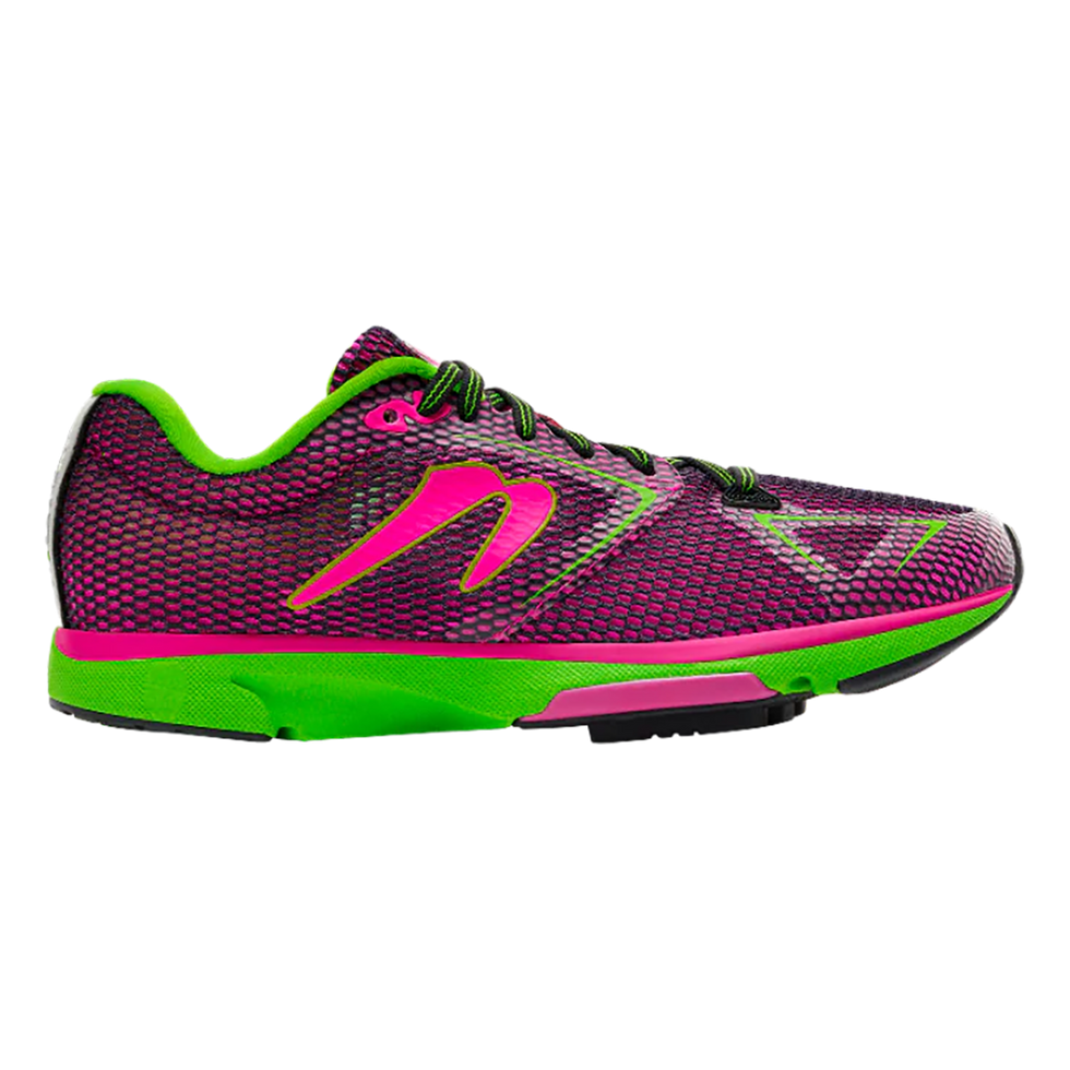 Side view on white background of Womens Newton Running Distance S 12 running shoe in Plum/Green, Medium (Regular) width