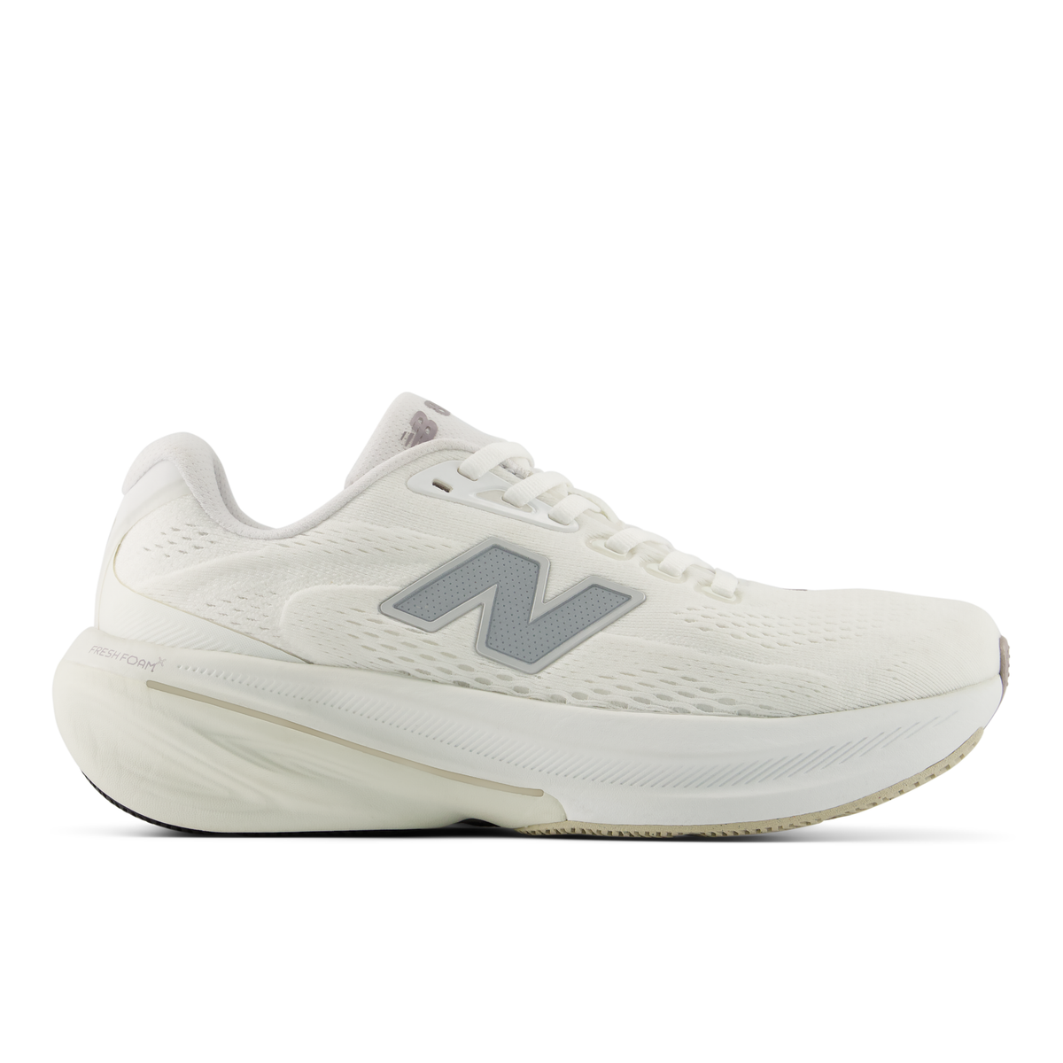 Side view on white background of Womens New Balance Fresh Foam X 860v15 running shoe in White/Silver Metallic, Extra Wide width