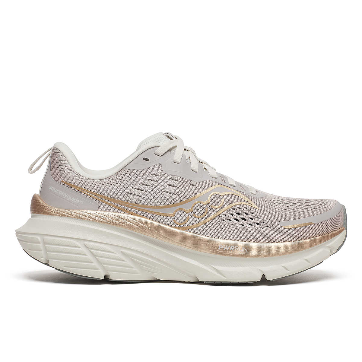 Side view on white background of Womens Saucony Guide 18 running shoe in Oat/Quartz, Medium (Regular) width