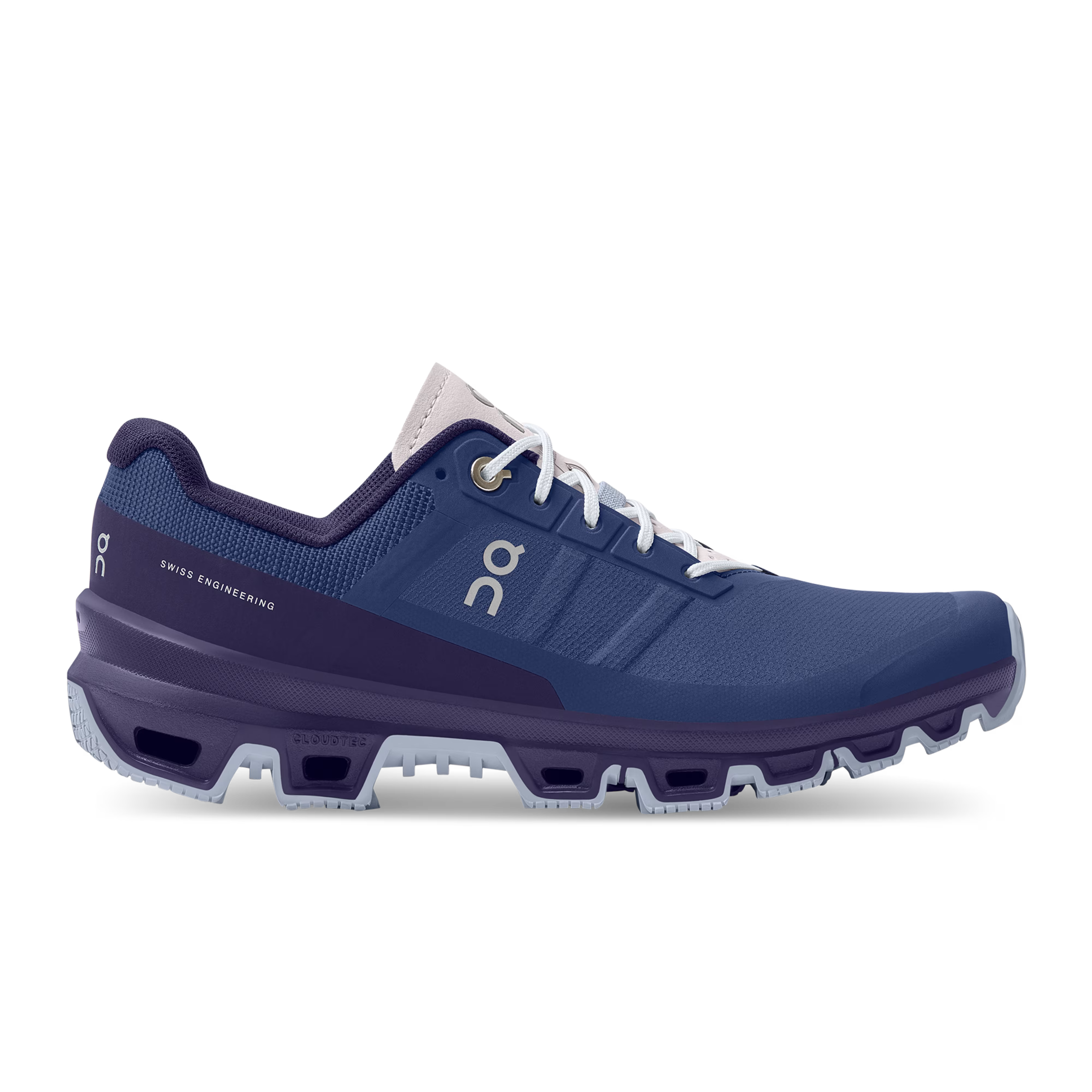 Side view on white background of Womens On Cloudventure 3 running shoe in Twilight/Acai, Medium (Regular) width