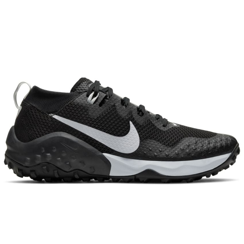 Side view on white background of Mens Nike Wildhorse 7 running shoe in Black/Pure Platinum/Anthracite, Medium (Regular) width