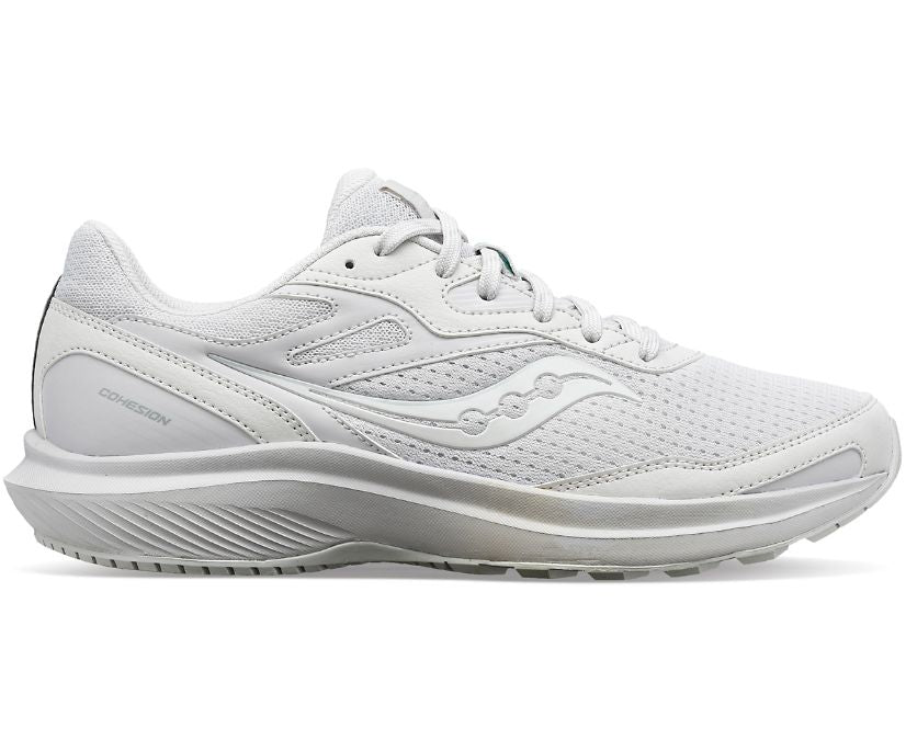 Side view on white background of Womens Saucony Cohesion 15 running shoe in White, Medium (Regular) width