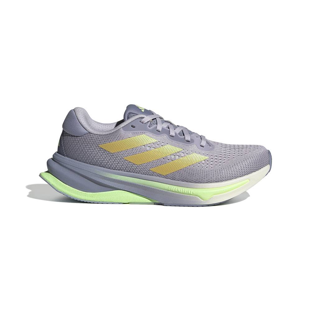 Side view on white background of Womens Adidas Supernova Solution running shoe in Silver Dawn/Spark/Green Spark, Medium (Regular) width