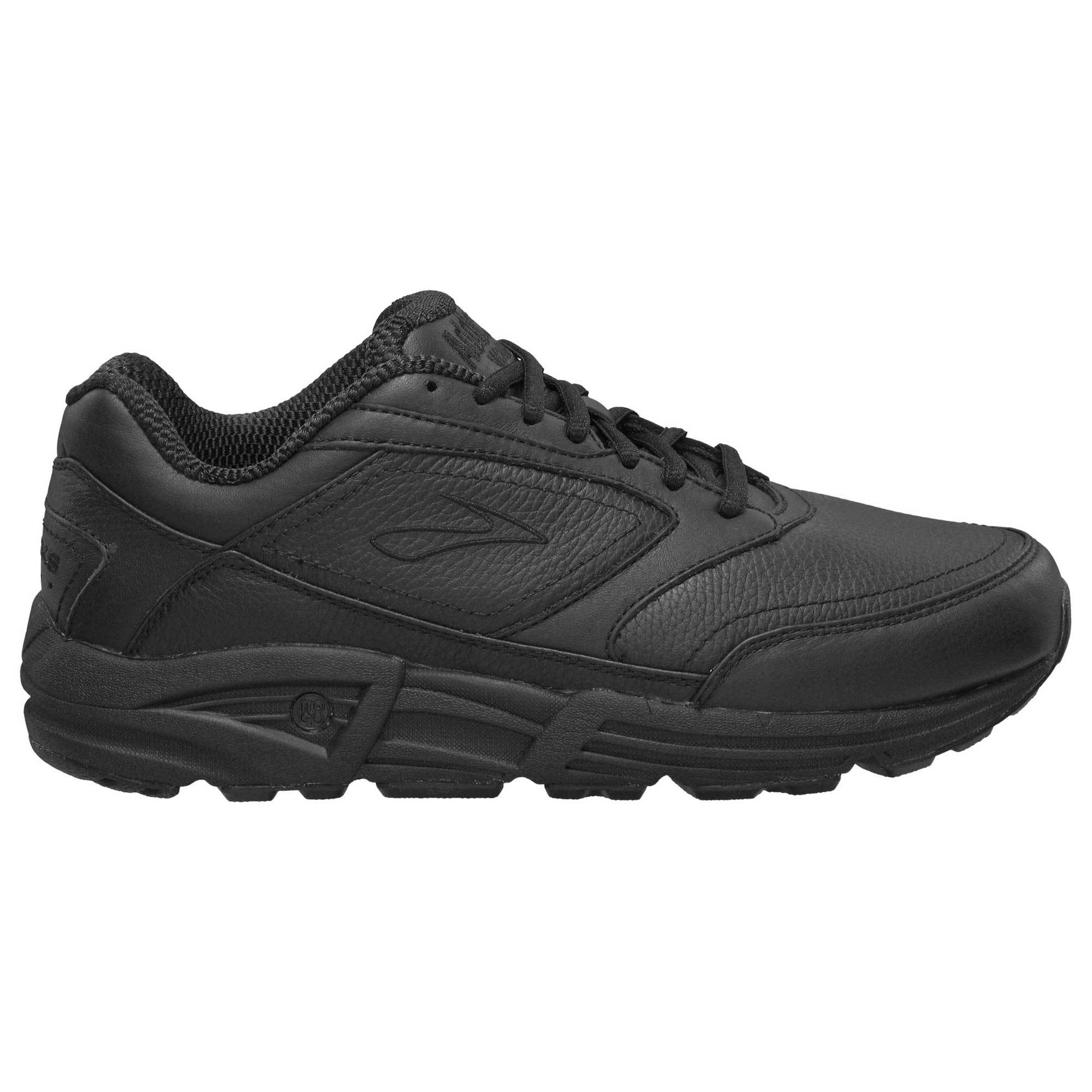 Side view on white background of Womens Brooks Addiction Walker running shoe in Black, Medium (Regular) width