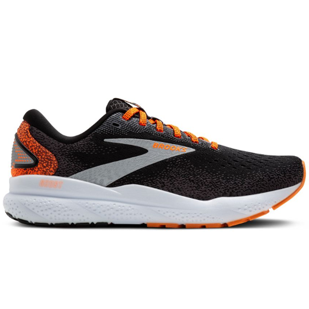 Side view on white background of Womens Brooks Ghost running shoe in Black/Orange/White, Medium (Regular) width