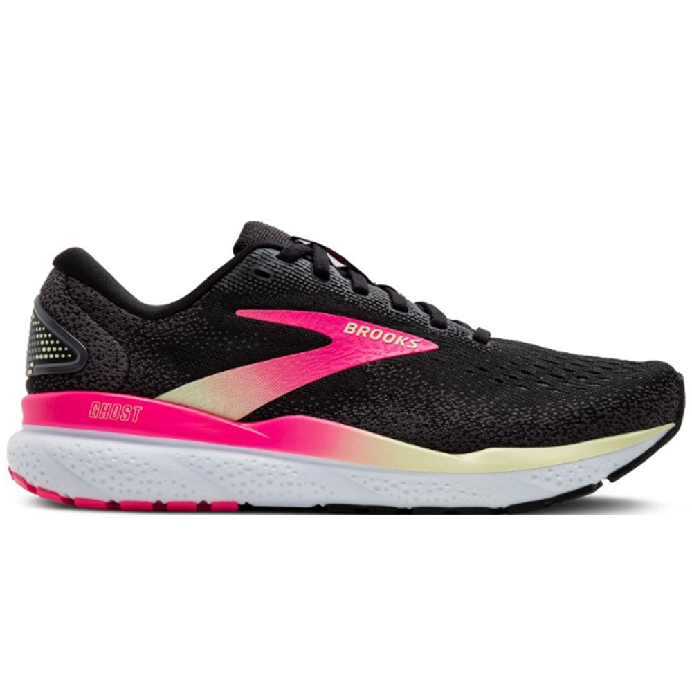 Women's Brooks Ghost 16, Black/Pink/Yellow, 8.5 B Medium