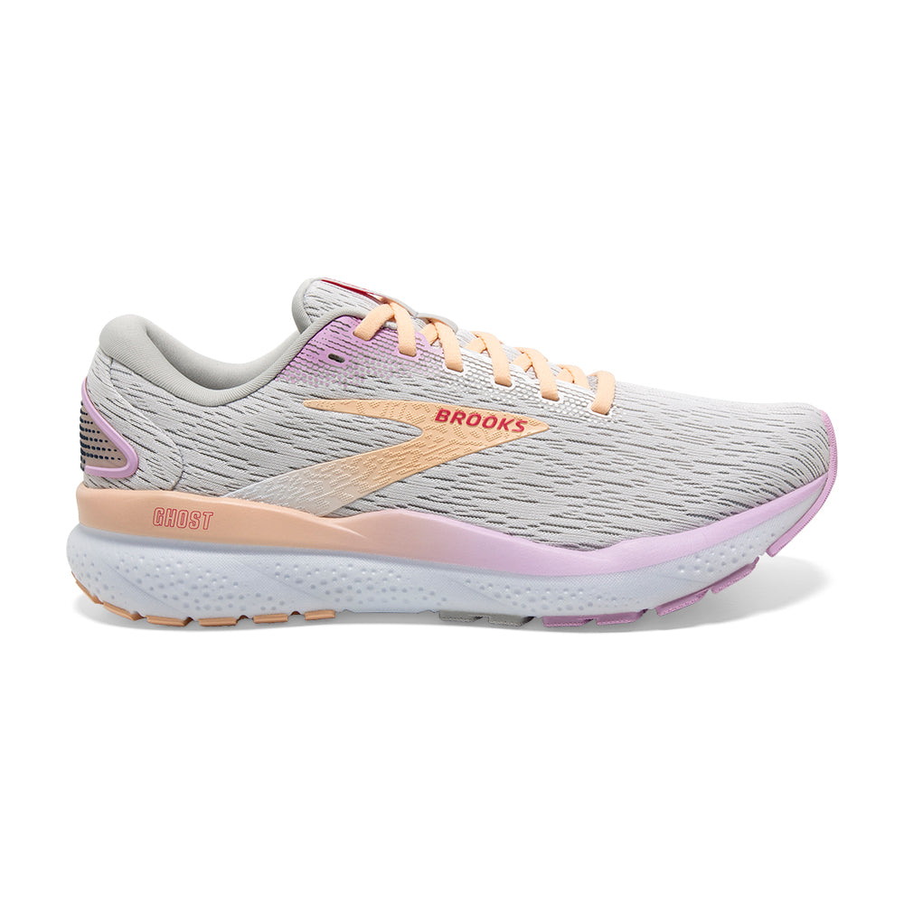 Women's Brooks Ghost 16, White/Grey/Orchid, 8 B Medium