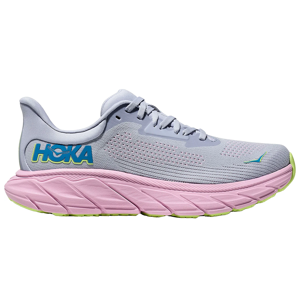 Side view on white background of Womens Hoka Arahi running shoe in Gull/Pink Twilight, Wide width