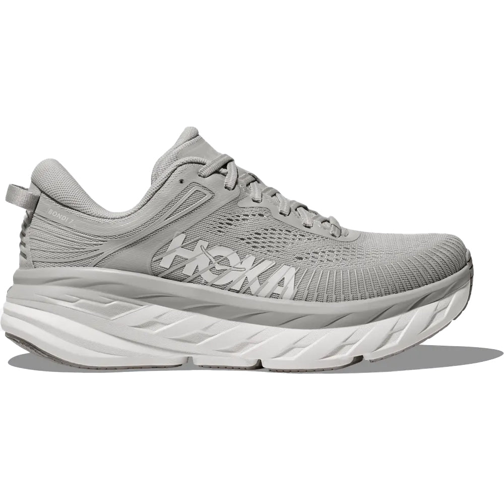 Side view on white background of Womens Hoka Bondi running shoe in Harbor Mist/White, Medium (Regular) width