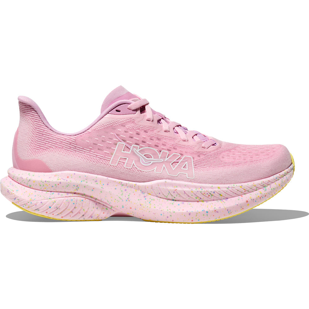 Side view on white background of Womens Hoka Mach running shoe in Pink Twilight/Lemonade, Medium (Regular) width