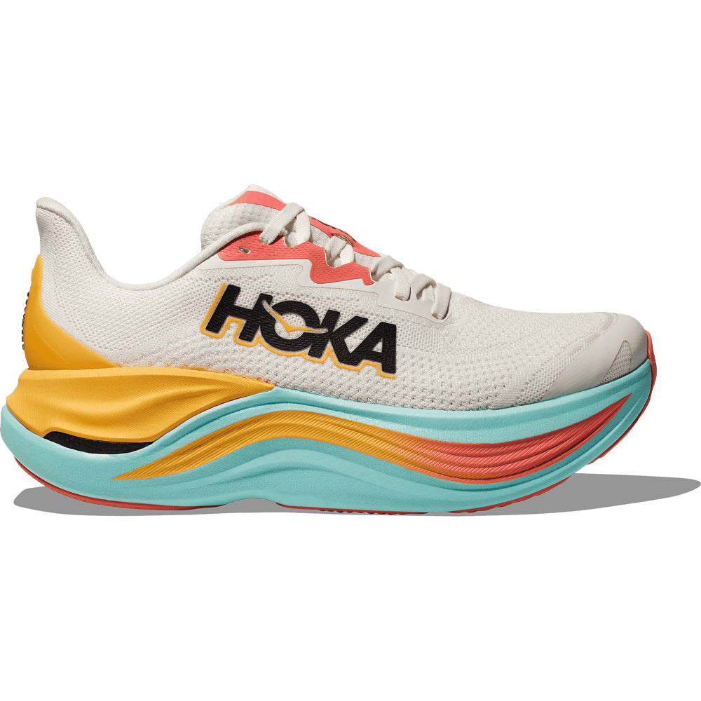 Side view on white background of Womens Hoka Skyward X running shoe in Blanc De Blanc/Swim Day, Medium (Regular) width