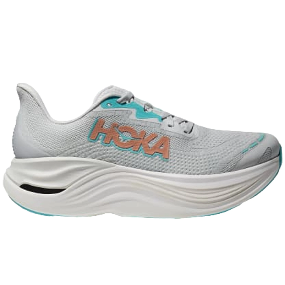 Side view on white background of Womens Hoka Skyward X running shoe in Cosmic Grey/Rose Gold, Medium (Regular) width