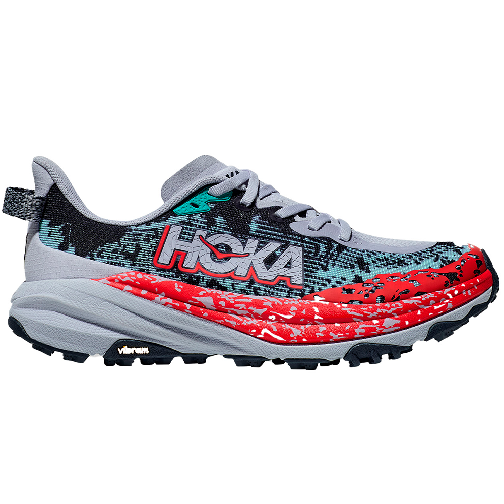 Side view on white background of Womens Hoka Speedgoat running shoe in Gull/Stormy Skies, Medium (Regular) width