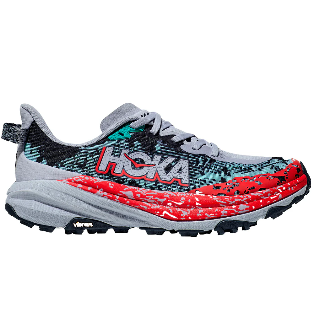 Side view on white background of Mens Hoka Speedgoat running shoe in Gull/Stormy Skies, Medium (Regular) width