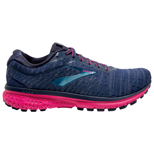 Side view on white background of Womens Brooks Ghost 12 running shoe in Navy/Majolica/Beetroot, Medium (Regular) width
