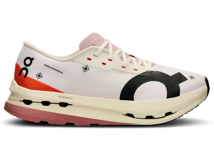 Side view on white background of Womens On Cloudboom Echo 3 running shoe in White/Flame, Medium (Regular) width