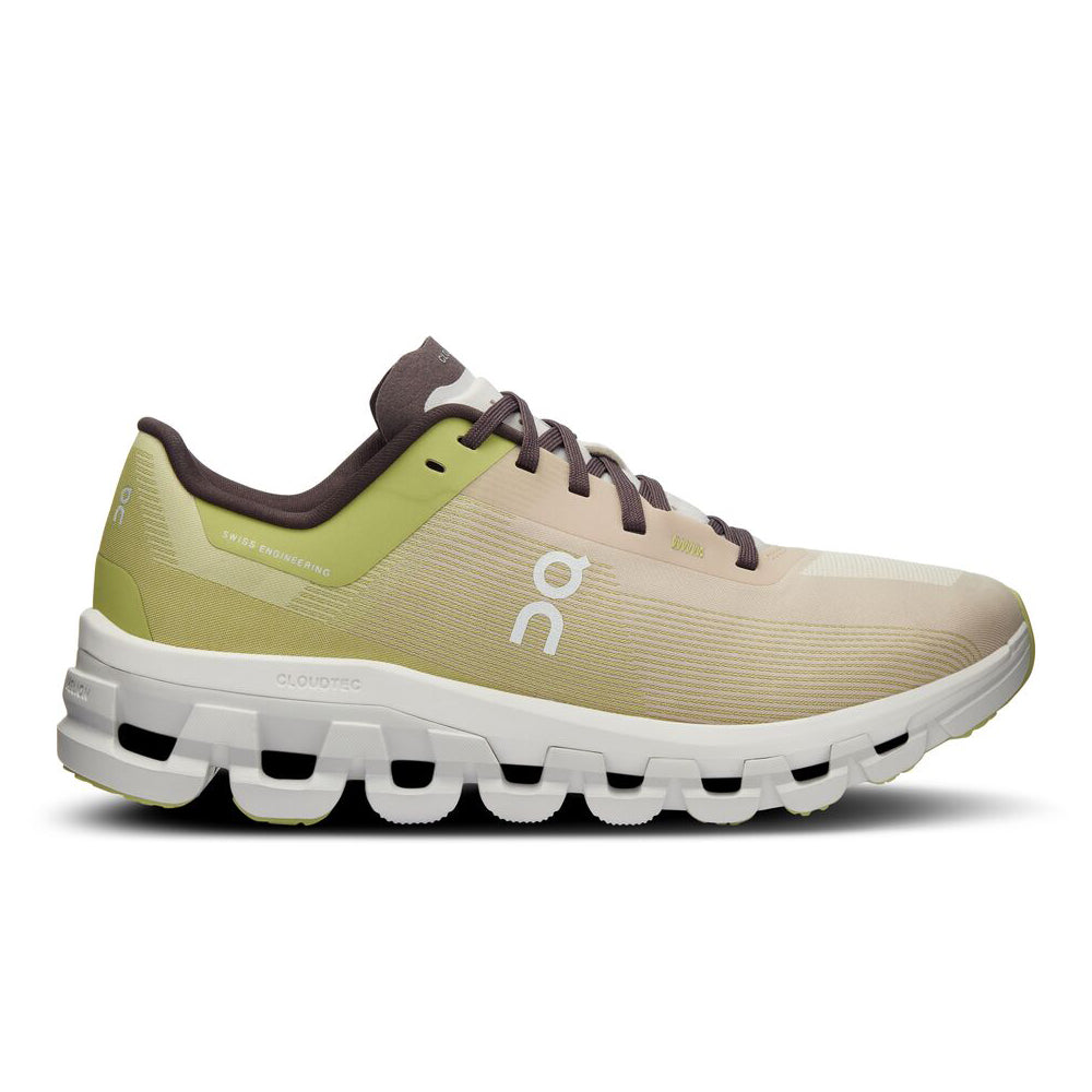 Side view on white background of Womens On Cloudflow running shoe in Zest/Frost, Medium (Regular) width