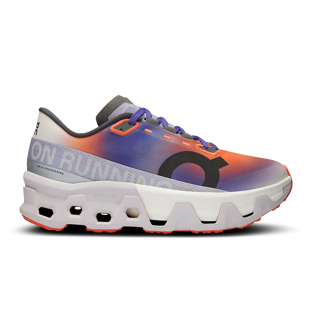Side view on white background of Womens On Cloudmonster running shoe in Flame/Frost, Medium (Regular) width