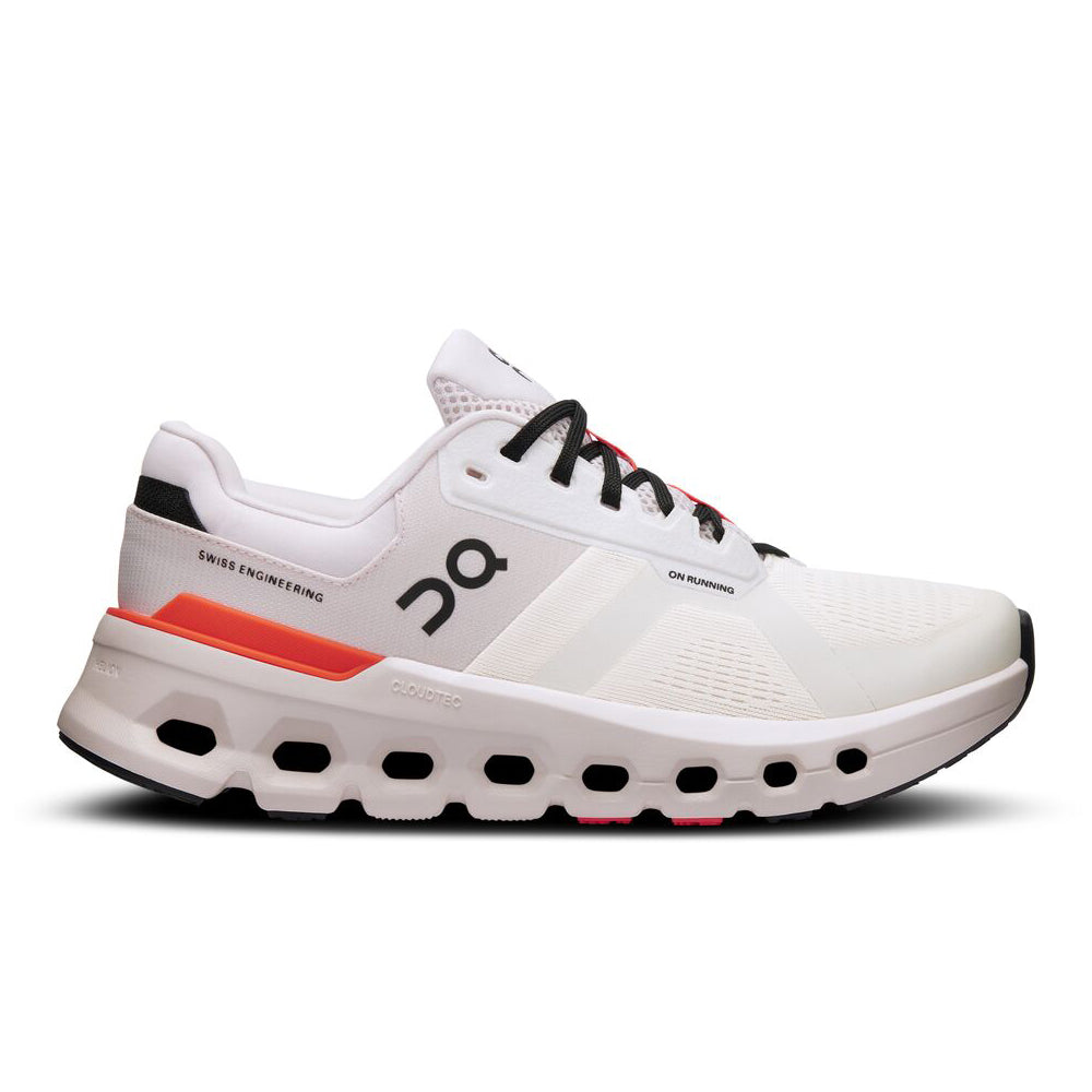 Side view on white background of Womens On Cloudrunner running shoe in Undyed/Sand, Medium (Regular) width