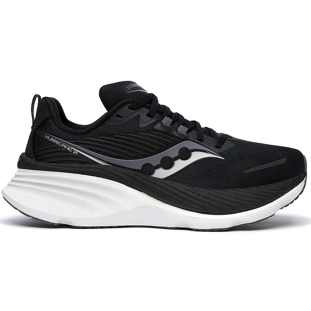 Side view on white background of Womens Saucony Hurricane 24 running shoe in Black/Carbon, Wide width