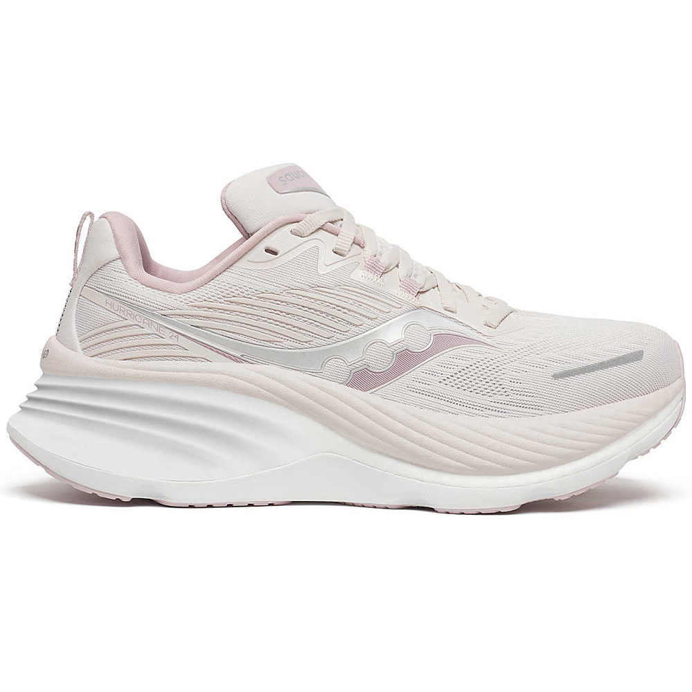 Side view on white background of Womens Saucony Hurricane running shoe in Moon, Medium (Regular) width