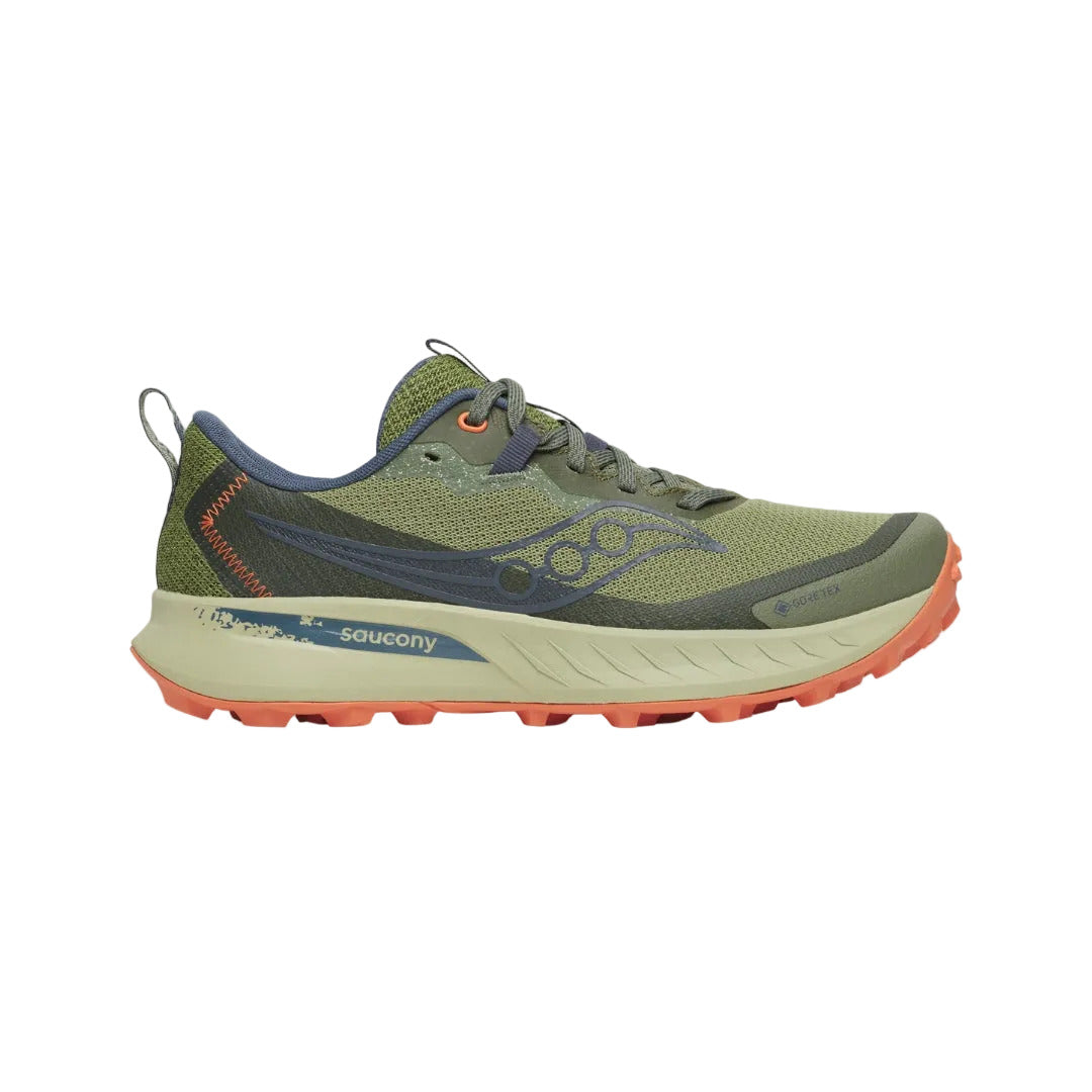 Side view on white background of Womens Saucony Peregrine 15 GTX running shoe in Hemlock/Dusk, Medium (Regular) width