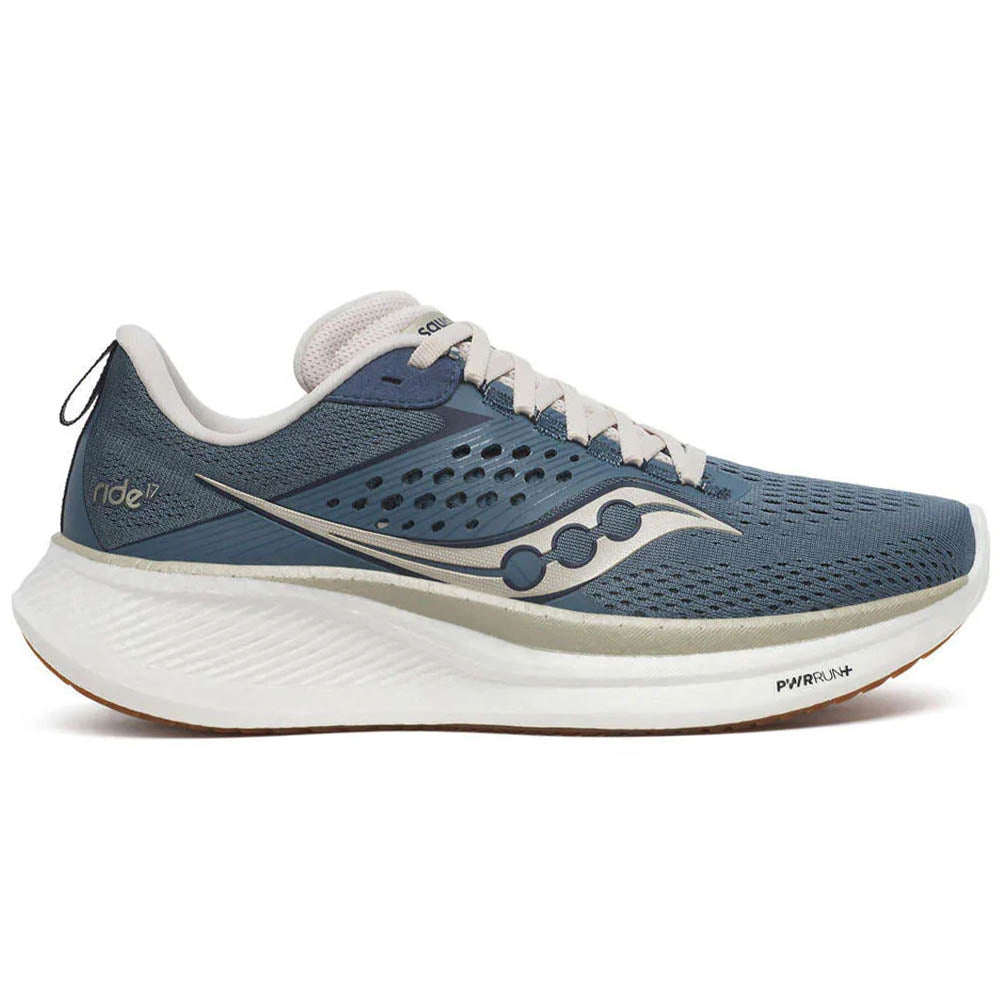 Side view on white background of Womens Saucony Ride 17 running shoe in Mirage/Gum, Medium (Regular) width