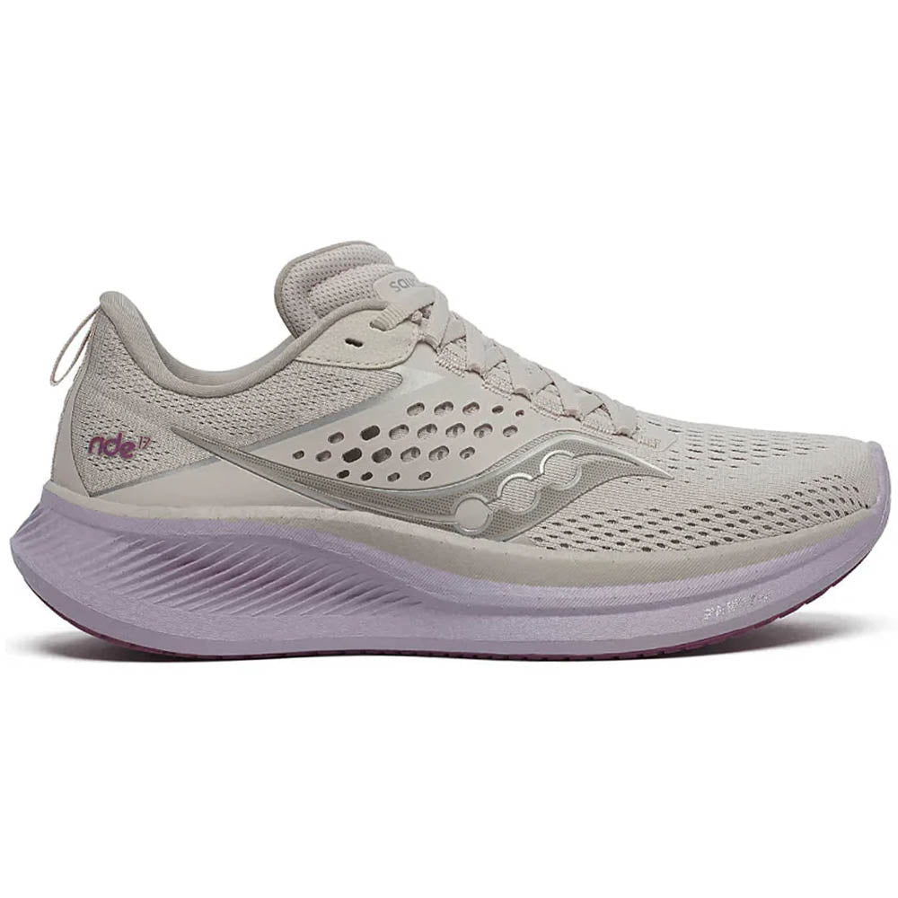 Side view on white background of Womens Saucony Ride running shoe in Moon/Viola, Medium (Regular) width
