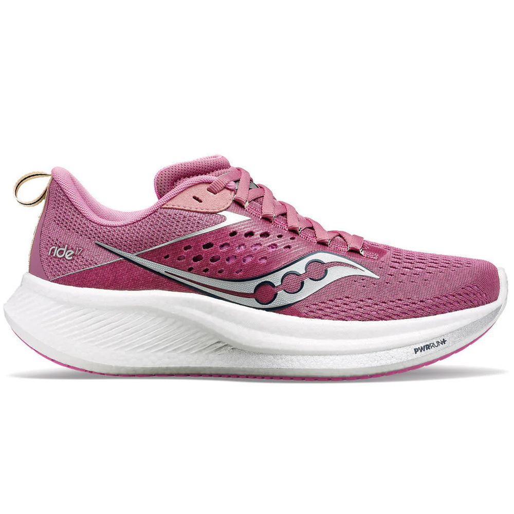 Side view on white background of Womens Saucony Ride 17 running shoe in Orchid and Silver, Medium width