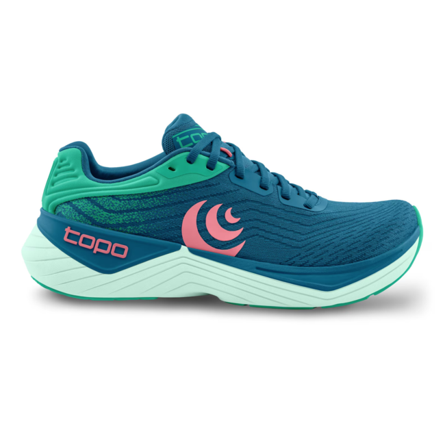Side view on white background of Womens Topo Athletic Ultrafly 5 running shoe in Blue/Aqua, Medium (Regular) width